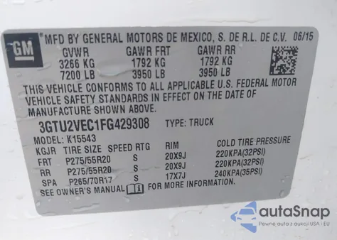 2015 GMC Sierra 1500 Slt из США, поврежденный, VIN 3GTU2VEC1FG429308